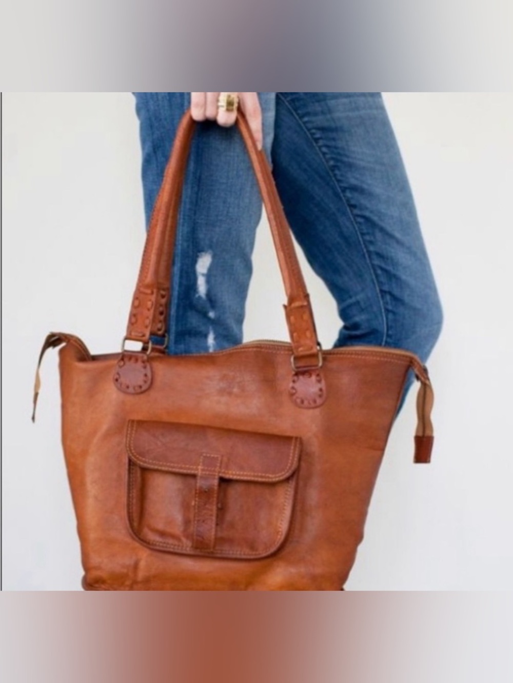 Noonday Collection Leather Tote Bag Cognac Brown  Artisan Fair Trade